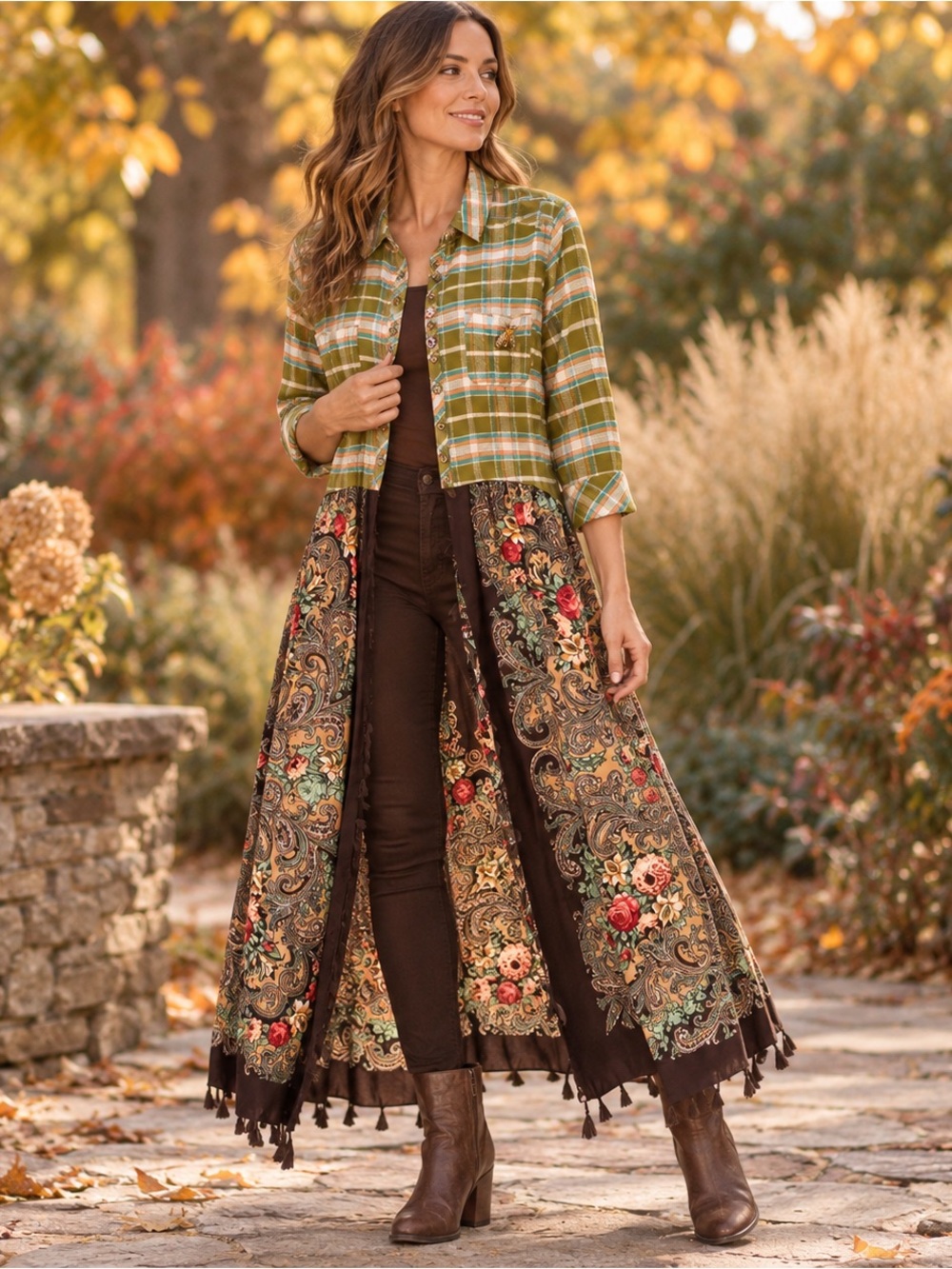 NWT Aratta Beatrice Maxi Shirt Olive Plaid Floral Duster Small